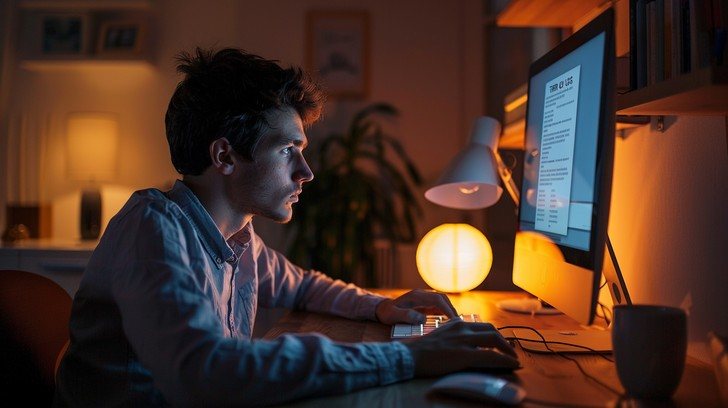 Gece masa lambası altında bilgisayarda çalışan genç adam