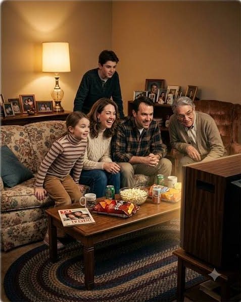Üç kuşak aile salonda televizyon izliyor
